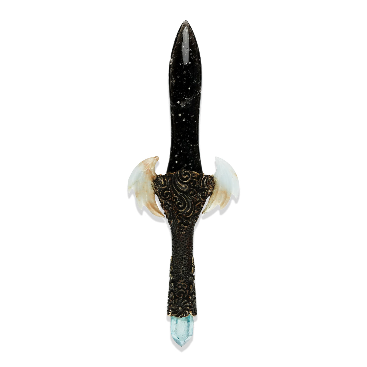 Starborn Galaxy Obsidian Crystal Wand with Angelite Wings and Decorative Gemstone Inlay Clay Handle