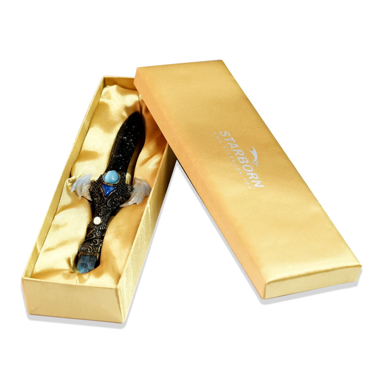 Starborn Galaxy Obsidian Crystal Wand with Angelite Wings and Decorative Gemstone Inlay Clay Handle