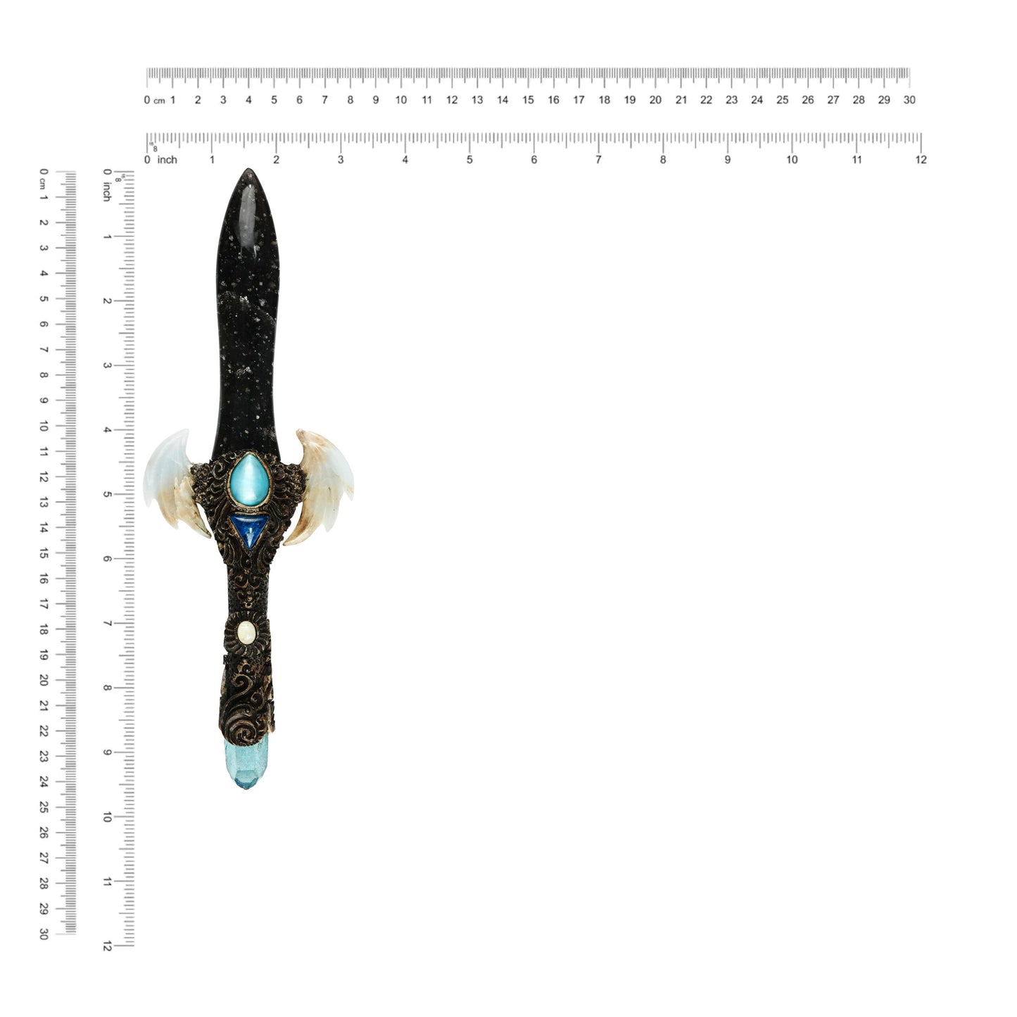 Starborn Galaxy Obsidian Crystal Wand with Angelite Wings and Decorative Gemstone Inlay Clay Handle