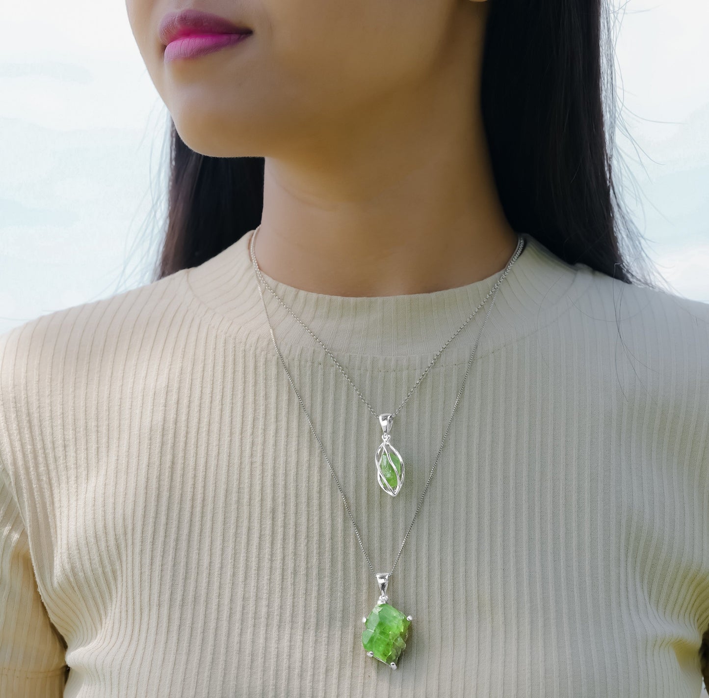 Starborn Peridot Crystal Spiral Cage Pendant in Sterling Silver