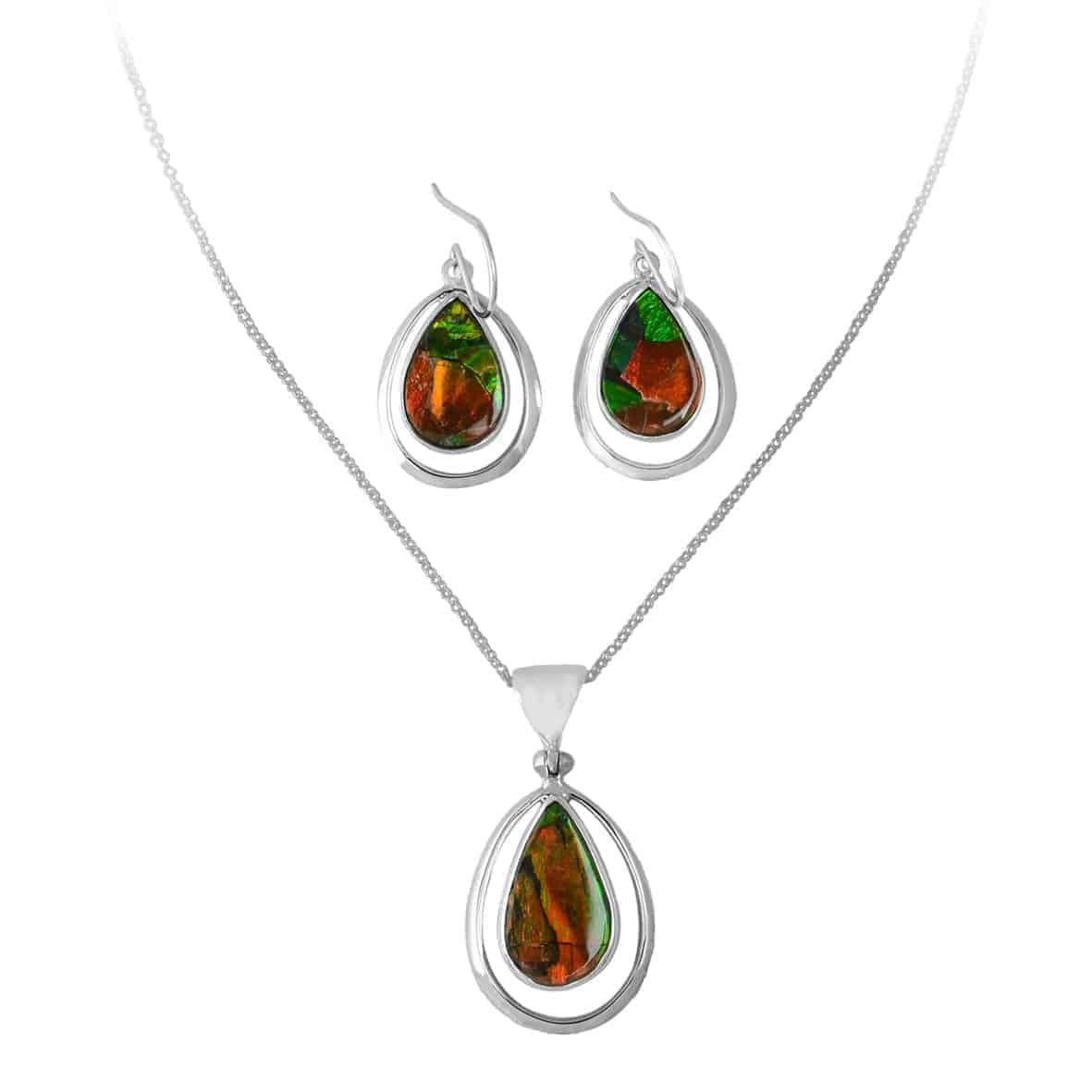 Starborn Ammolite Pear-Shaped Wire Frame Pendant and Earring Set in Sterling Silver
