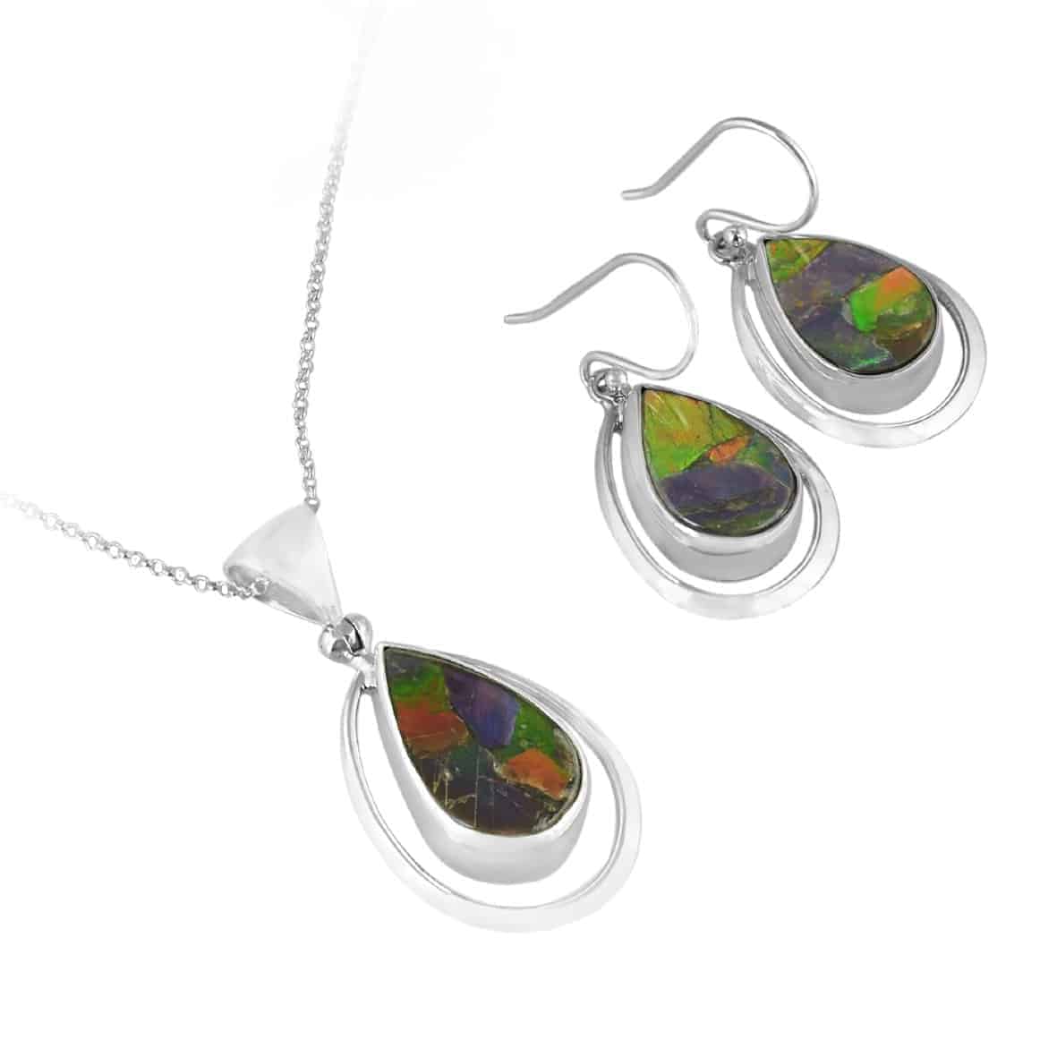 Starborn Ammolite Pear-Shaped Wire Frame Pendant and Earring Set in Sterling Silver