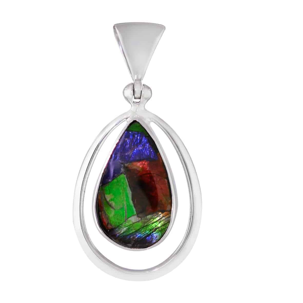 Starborn Ammolite Pear-Shaped Wire Frame Pendant and Earring Set in Sterling Silver