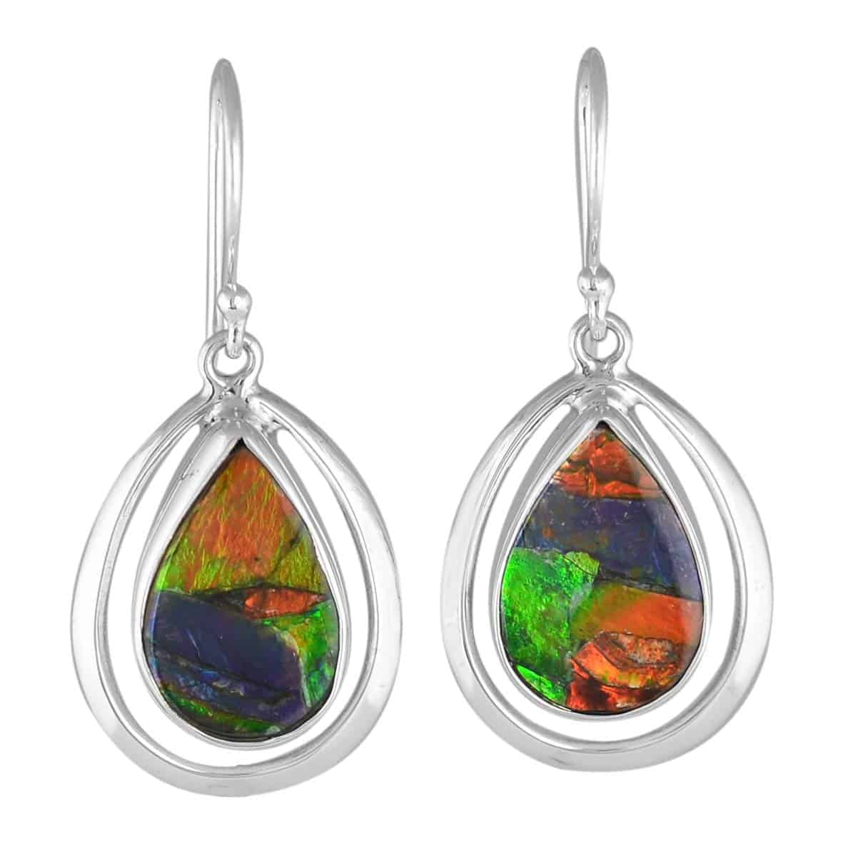 Starborn Ammolite Pear-Shaped Wire Frame Pendant and Earring Set in Sterling Silver