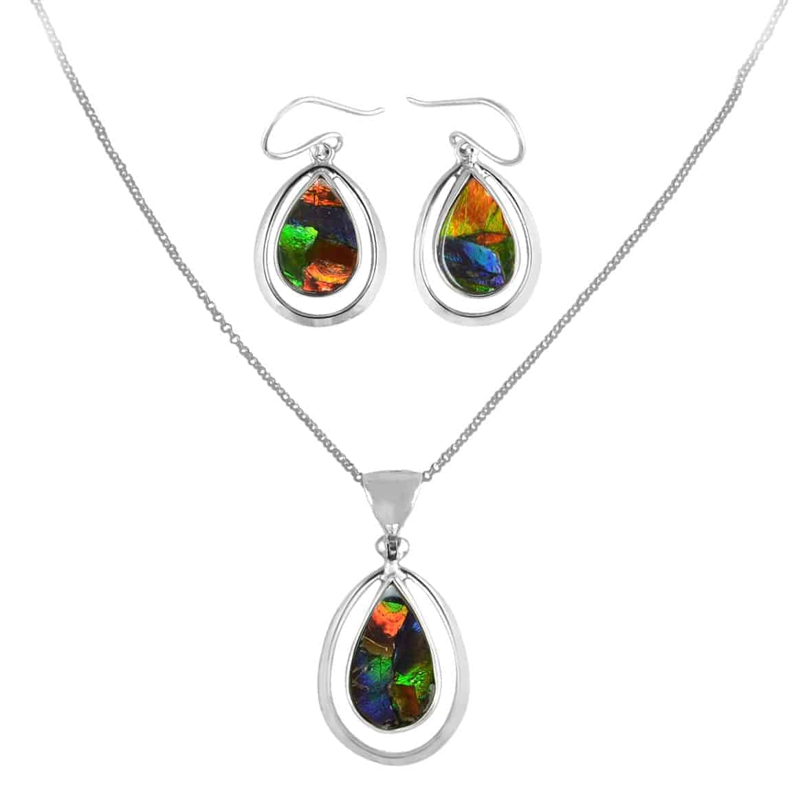 Starborn Ammolite Pear-Shaped Wire Frame Pendant and Earring Set in Sterling Silver