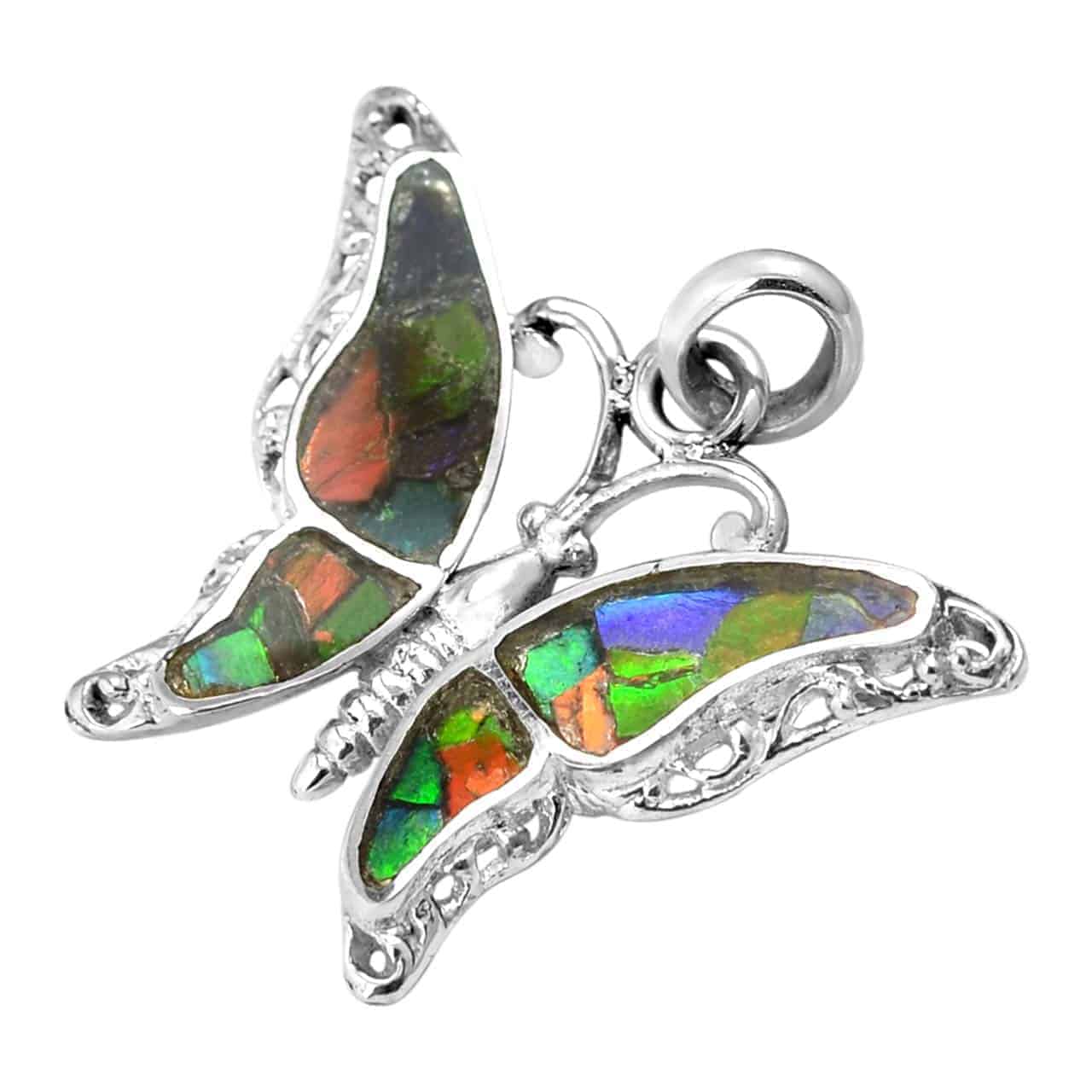 Starborn Ammolite and Sterling Silver Butterfly Pendant with Bail