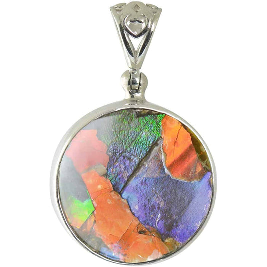 Starborn Ammolite and Sterling Silver Round Pendant with Filigree Bail