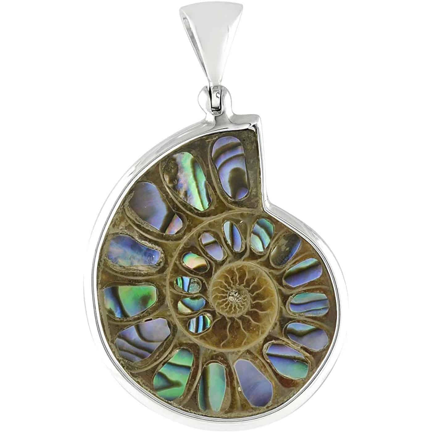 Starborn Ammonite with Abalone Shell Inlay Pendant in Sterling Silver - Medium