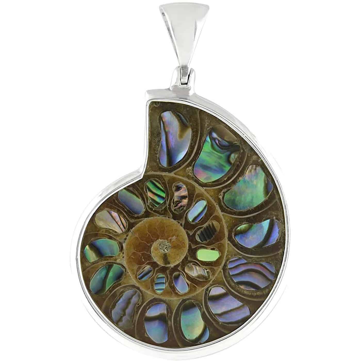 Starborn Ammonite with Abalone Shell Inlay Pendant in Sterling Silver - Medium