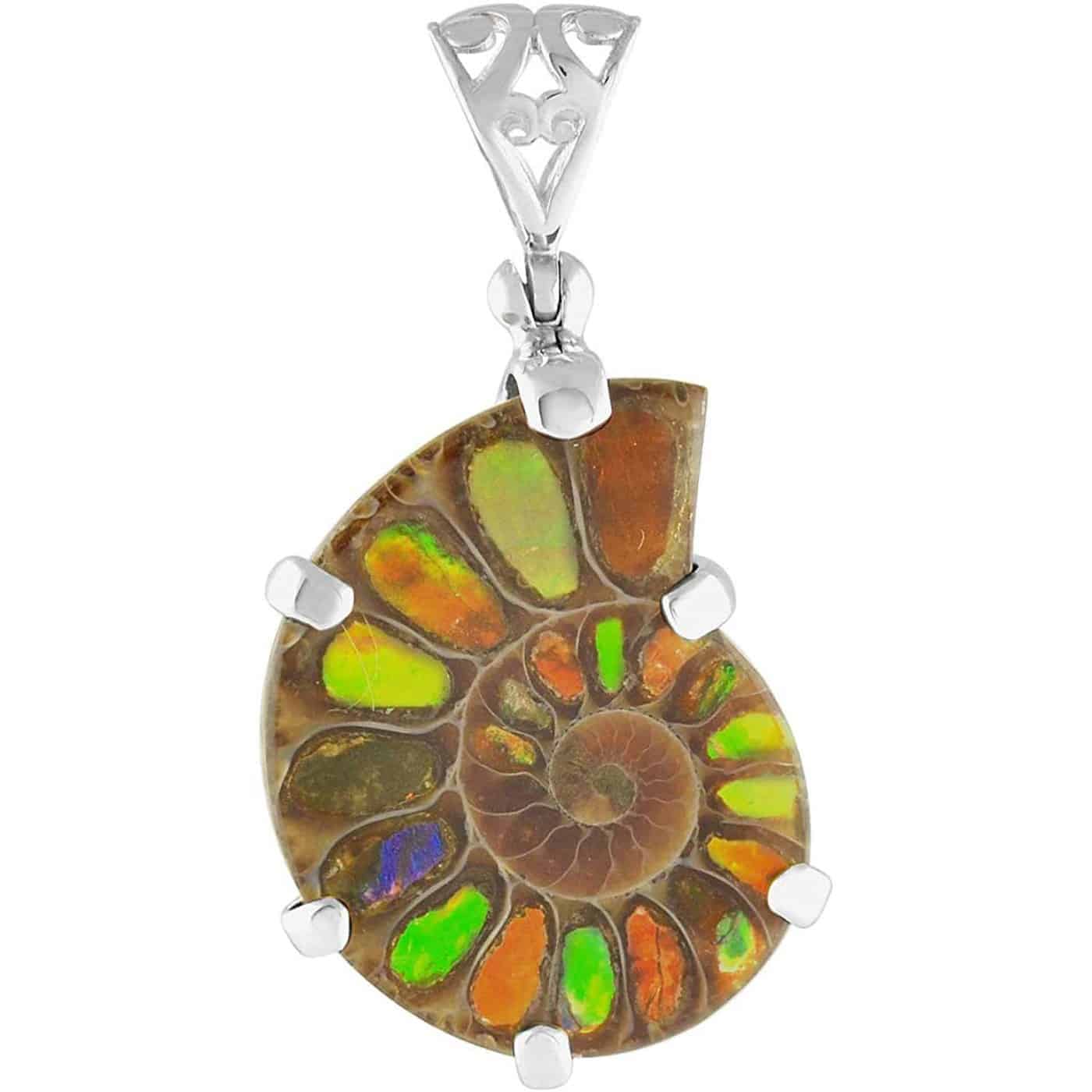 Starborn Sterling Silver Ammonite with Ammolite Inlay, Prong Set Pendant with Filigree Bail