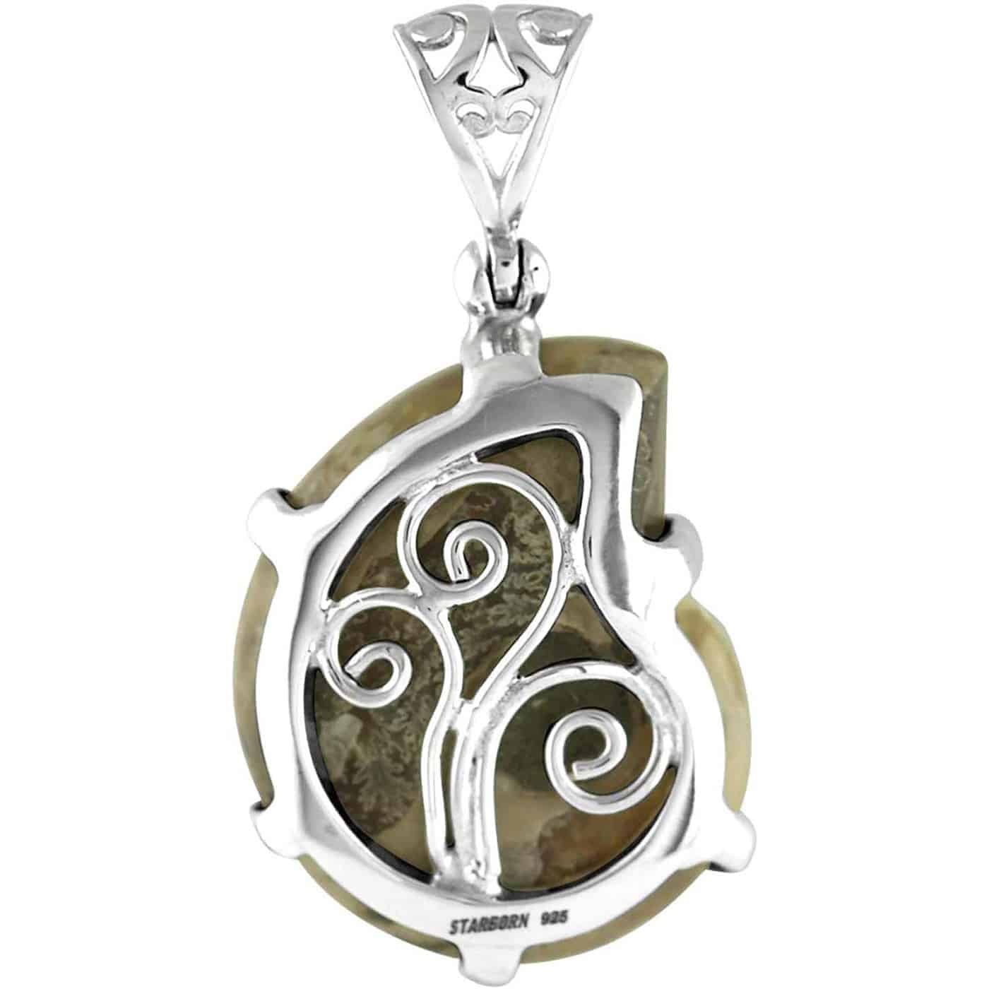 Starborn Sterling Silver Ammonite with Ammolite Inlay, Prong Set Pendant with Filigree Bail