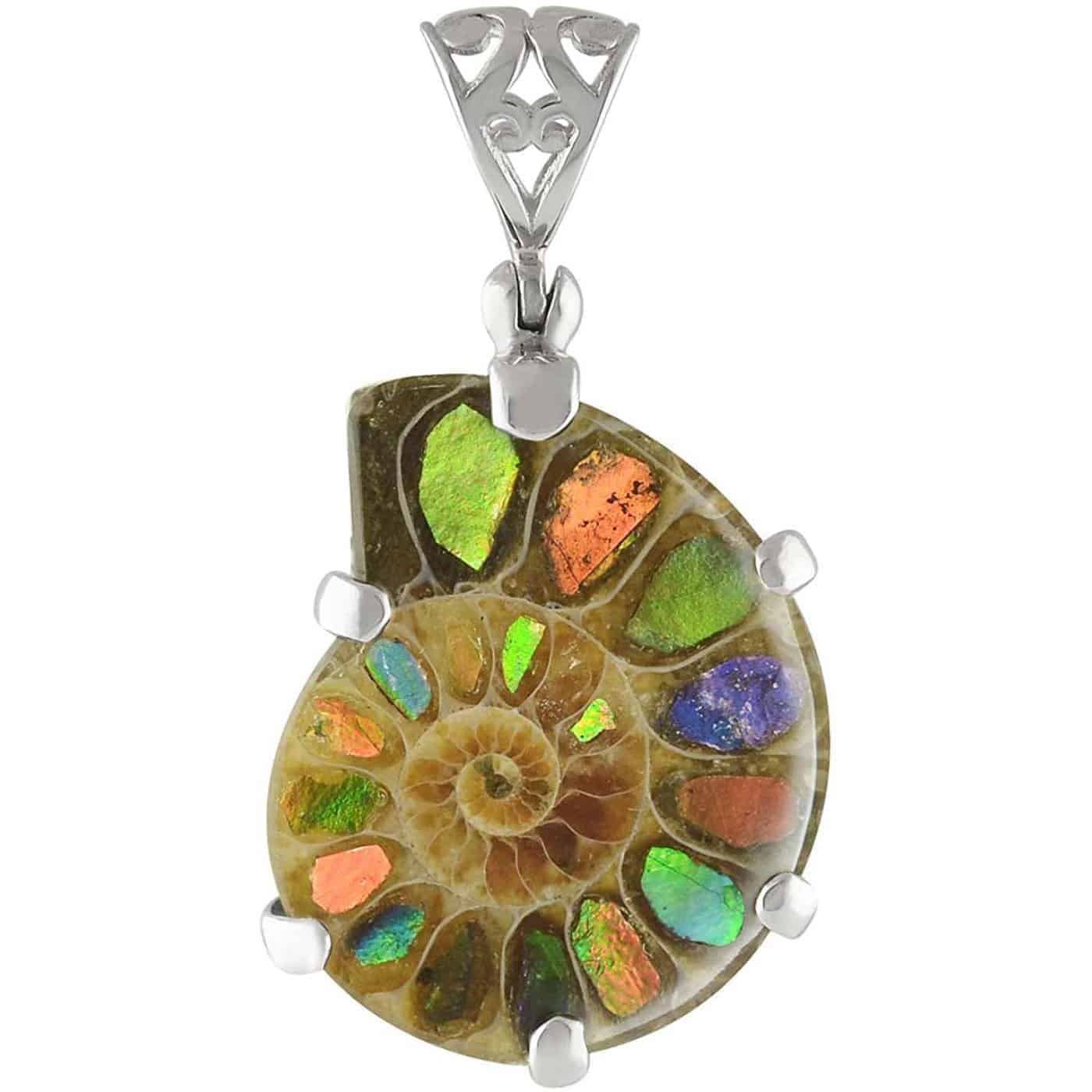 Starborn Sterling Silver Ammonite with Ammolite Inlay, Prong Set Pendant with Filigree Bail