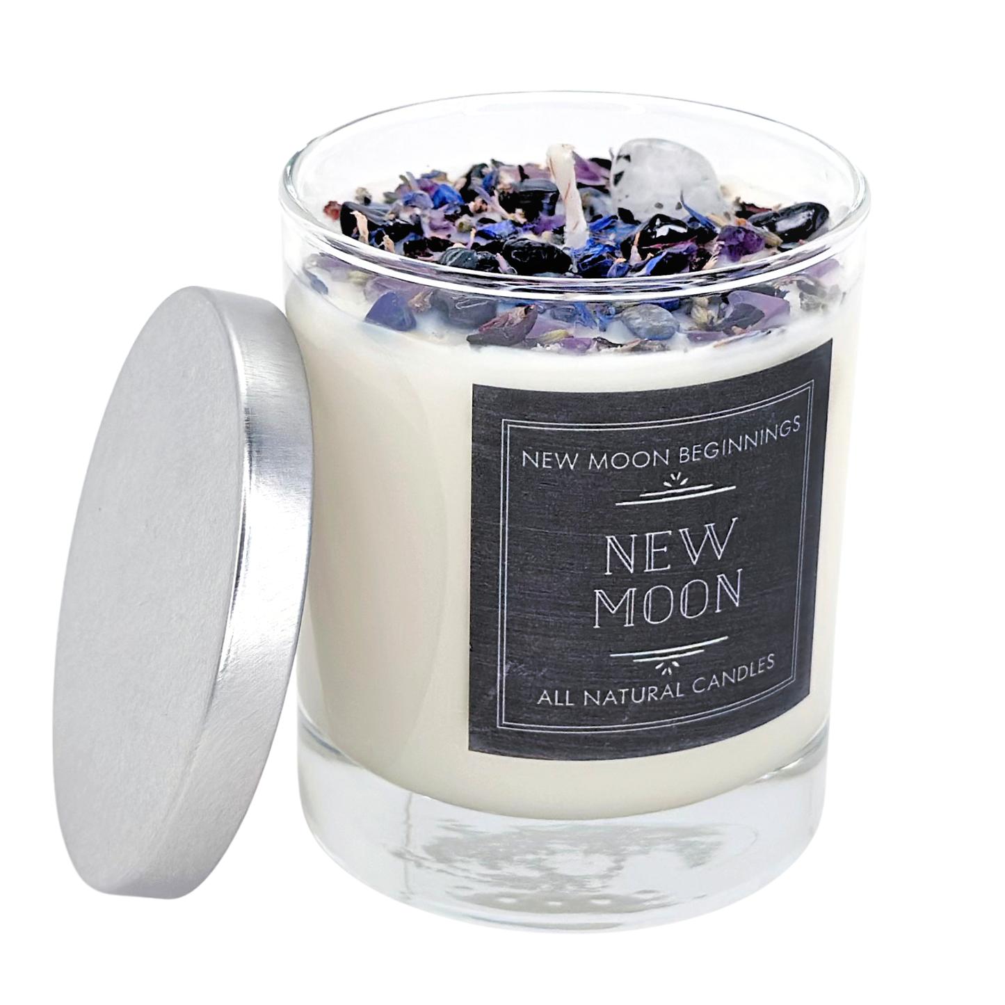 New Moon Candle - Dried Flower, Herb, & Crystal Candles: 7.75oz Round Glass