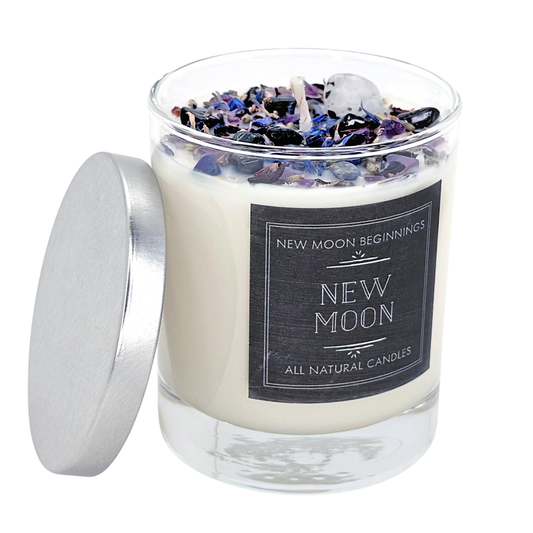 New Moon Candle - Dried Flower, Herb, & Crystal Candles: 7.75oz Round Glass