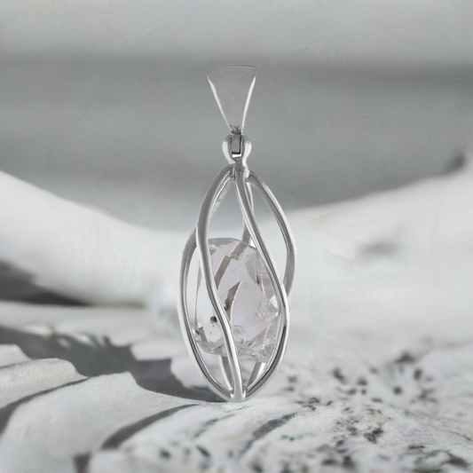 Starborn Herkimer Diamond Large Quartz Crystal Sterling Silver Cage Pendant