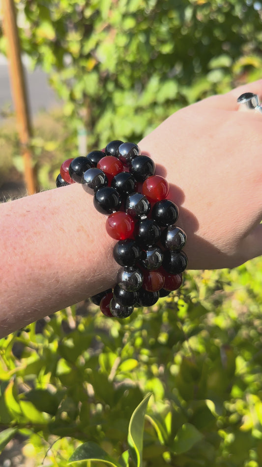 Carnelian, Hematite & Black Obsidian 12mm