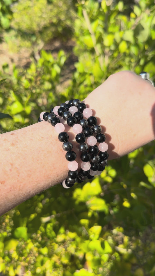 Rose Quartz, Hematite & Black Obsidian 8mm