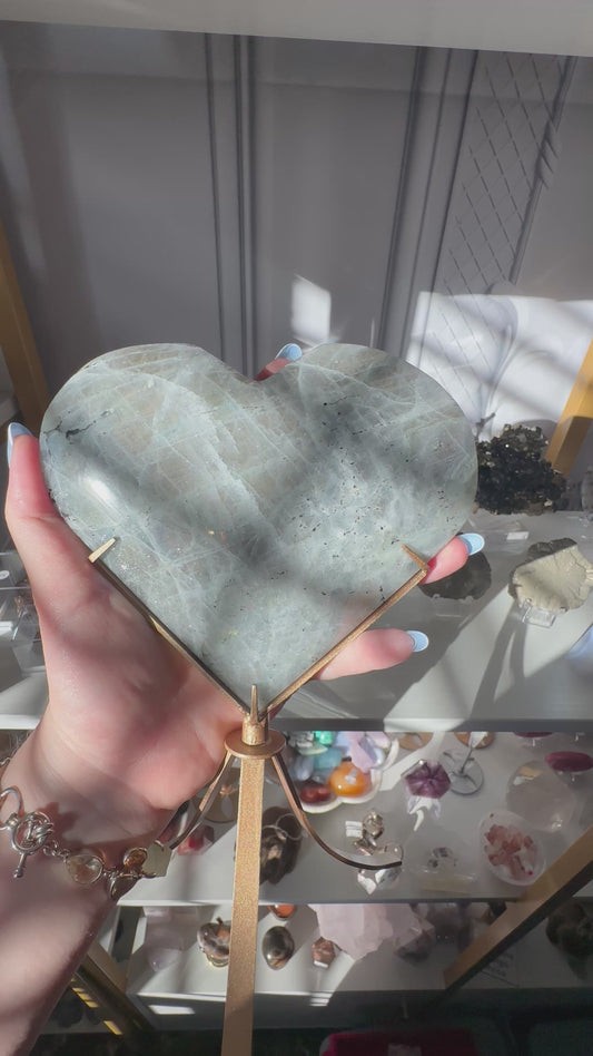 Sunset Flash Labradorite Heart on a Gold Stand