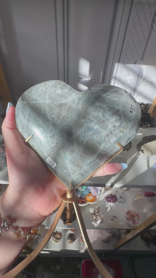 Sunset Flash Labradorite Heart on a Gold Stand