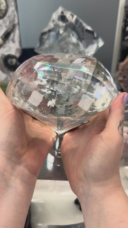 Faceted Quartz Diamond on Spinning Stand